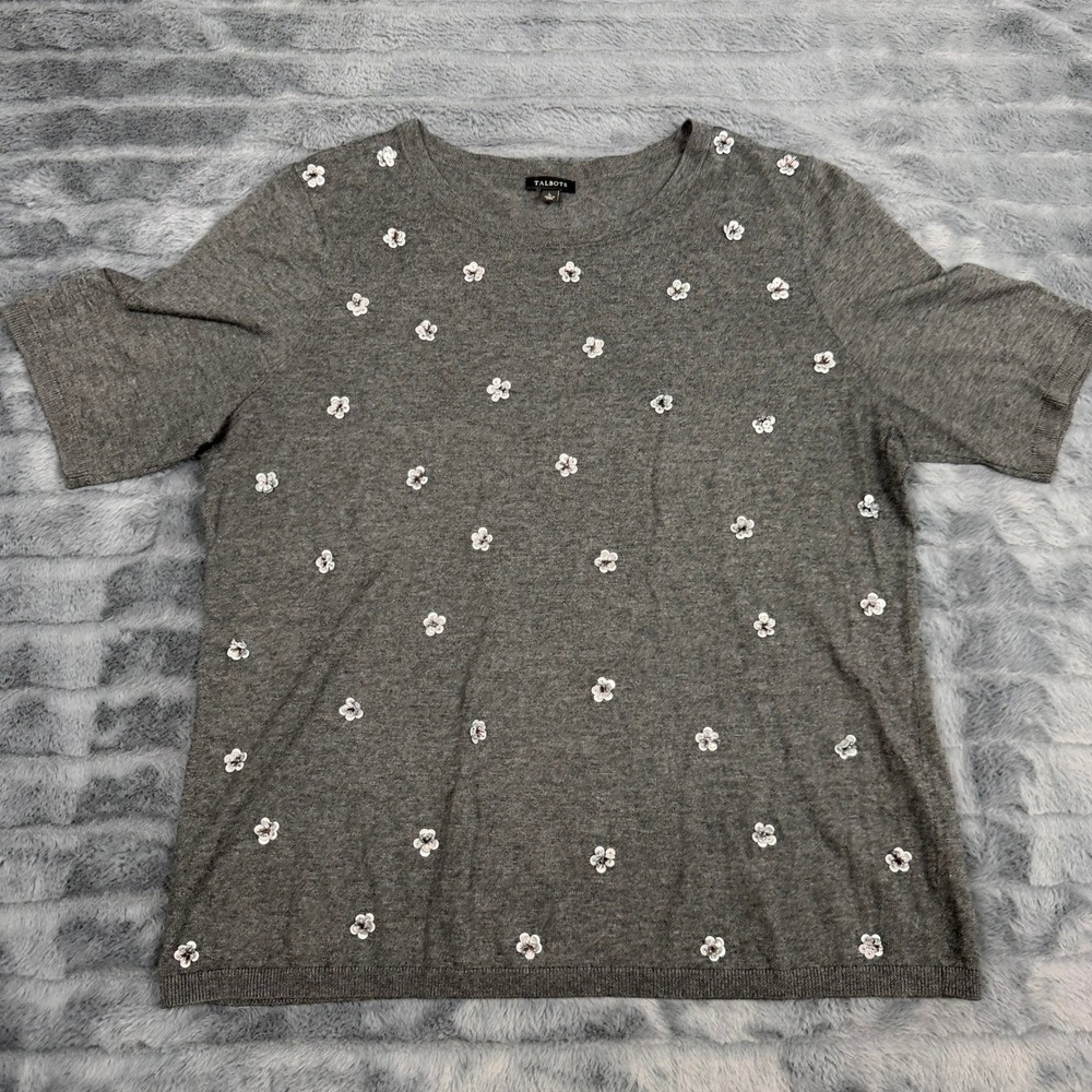 Talbots Womens Gray Sequin Flower Short Sleeve Sweater Crew Neck Large 12677